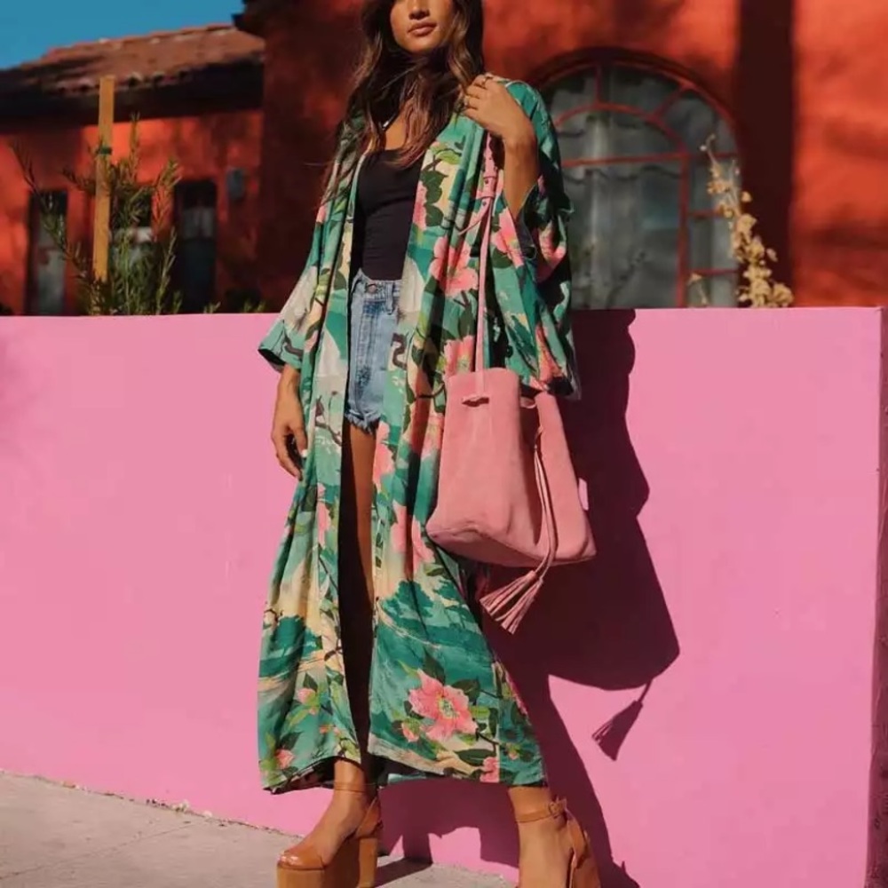 SOLD OUT Turquoise Boho Floral Crane Open Kimono Robe Wrap - Picture 5 of 9